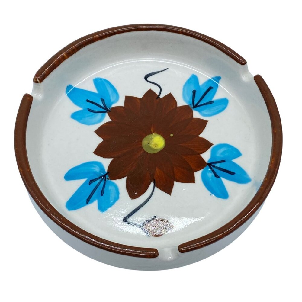 Vtg Otagiri Japan Hand-Painted Ceramic Ashtray Trinket Bowl Floral Brown Blue